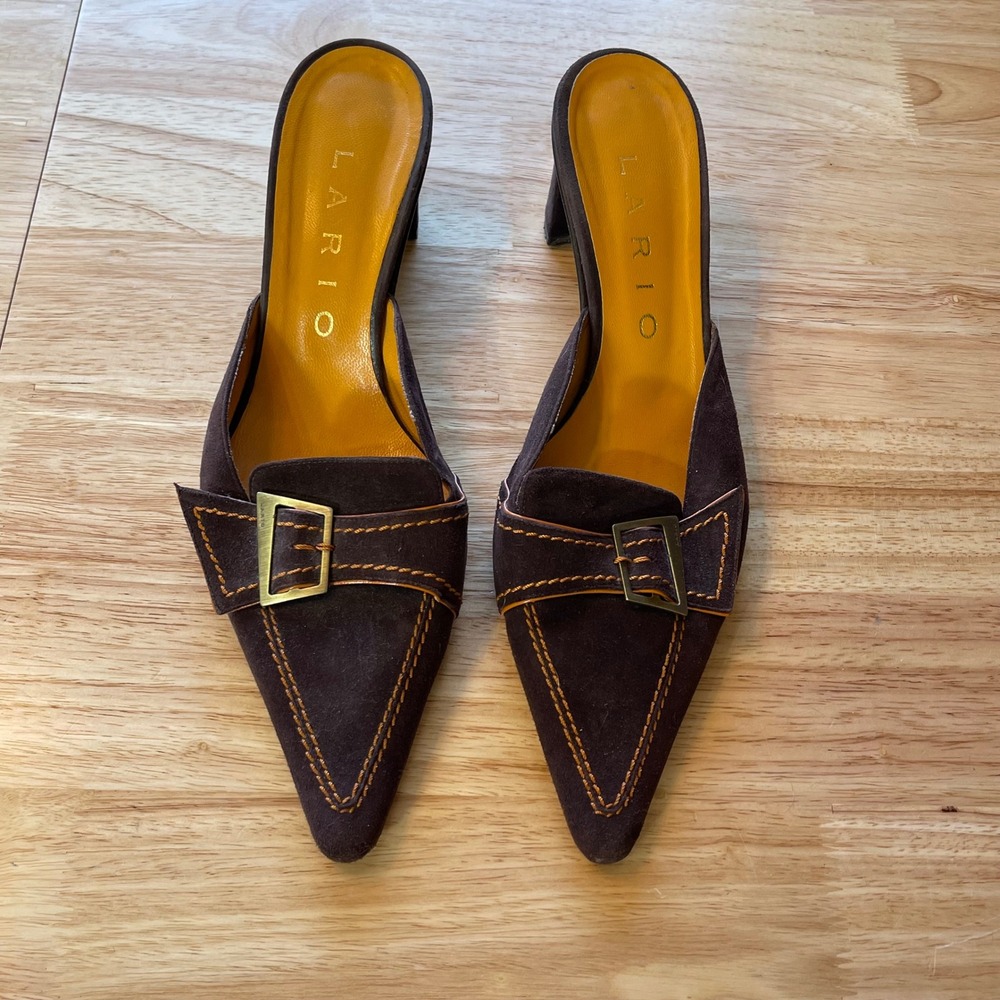 Lario Brown Suede Pointed Toe Mules Block Heel Orange Stitching Italy 41 US 11